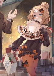 Rule 34 | 1girl, abigail williams (fate), abigail williams (winter caravan online 2021) (fate), black bow, blonde hair, blue eyes, blush, bow, breasts, fate/grand order, fate (series), forehead, hair bow, highres, long hair, looking at viewer, multiple bows, official alternate costume, orange bow, parted bangs, sidelocks, small breasts, yukiyama momo