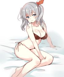 Rule 34 | 1girl, bikini, black bikini, blue eyes, blush, breasts, cleavage, closed mouth, grey hair, hair ribbon, kantai collection, kashima (kancolle), light smile, long hair, looking at viewer, looking to the side, medium breasts, on bed, paragasu (parags112), ribbon, side-tie bikini bottom, sitting, smile, solo, swimsuit, twintails