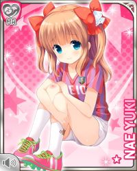 Rule 34 | 1girl, blue eyes, bow, brown hair, card (medium), closed mouth, girlfriend (kari), hair bow, looking at viewer, looking to the side, official art, pink background, qp:flapper, red shirt, school uniform, shirt, shoes, shorts, sitting, smile, soccer uniform, solo, sportswear, tagme, two side up, white shorts, yuuki nae