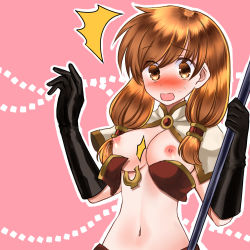 Rule 34 | 1girl, 74, accidental exposure, bikini, bikini top only, black gloves, blush, breasts, brown bikini, brown eyes, brown hair, capelet, cleavage, commentary request, elbow gloves, gloves, highres, holding, holding staff, long hair, looking at viewer, mage (ragnarok online), medium breasts, navel, nipples, open mouth, outline, pink background, ragnarok online, solo, staff, swimsuit, upper body, wardrobe malfunction, white capelet, white outline