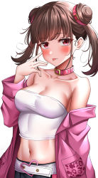 Rule 34 | 1girl, :p, absurdres, bare shoulders, belt, blush, breasts, brown hair, cleavage, collar, commentary request, crop top, double bun, hair bun, highres, idolmaster, idolmaster shiny colors, jacket, landel, large breasts, long sleeves, looking at viewer, medium hair, midriff, navel, pink jacket, red eyes, shirt, sidelocks, solo, sonoda chiyoko, stomach, strapless, tongue, tongue out, tube top, white background, white belt, white shirt