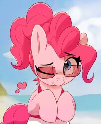Rule 34 | 1girl, absurdres, blue eyes, blue sky, cloud, glasses, heart, highres, looking at viewer, my little pony, my little pony: friendship is magic, one eye closed, outdoors, pabbley, pink fur, pink hair, pinkie pie, pony (animal), sky, solo, upper body