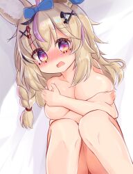 Rule 34 | 1girl, absurdres, ahoge, animal ear fluff, animal ears, black hair, blonde hair, blue bow, blush, bow, braid, breasts, cleavage, commentary, completely nude, covering breasts, covering privates, cowboy shot, facial mark, fox ears, fox girl, hair bow, heart, heart-shaped pupils, highres, hololive, kanami9731, knees up, large breasts, long hair, looking at viewer, multicolored hair, nose blush, nude, omaru polka, open mouth, pink hair, purple eyes, side braid, simple background, single braid, sitting, solo, streaked hair, symbol-shaped pupils, virtual youtuber, white background