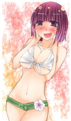 Rule 34 | 1girl, aoshima, blush, breasts, cleavage, crop top, female focus, flower, front-tie top, groin, hands on own face, hieda no akyuu, highres, huge breasts, navel, no panties, open mouth, purple eyes, purple hair, shirt, short hair, short shorts, shorts, sleeveless, sleeveless shirt, smile, solo, thigh gap, tied shirt, touhou, underboob