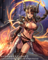 Rule 34 | 1girl, armor, bikini, bikini armor, breasts, brown hair, cleavage, cuboon, fang, fire, flaming sword, large breasts, long hair, looking at viewer, lost crusade, navel, open mouth, purple eyes, smile, solo, swimsuit, sword, weapon, whip