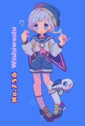 Rule 34 | 1girl, absurdres, aqua eyes, blue background, blue footwear, blue hat, blue shorts, braid, bubble, character name, creatures (company), english text, fish, full body, game freak, gen 7 pokemon, grey hair, hands up, hat, highres, knees, long sleeves, looking at viewer, moemon, narumame, nintendo, personification, pokedex number, pokemon, pokemon (creature), sailor collar, shirt, shoes, shorts, simple background, socks, standing, suspenders, tears, white legwear, white shirt, wishiwashi, wishiwashi (solo)
