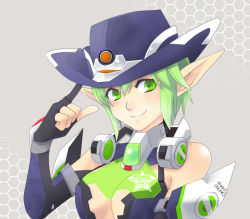 Rule 34 | 1girl, arm up, bare shoulders, breasts, chatsune, cleavage cutout, clothing cutout, cowboy hat, detached sleeves, fingerless gloves, gloves, green eyes, green hair, grey background, hand on headwear, hat, honeycomb (pattern), honeycomb background, honeycomb pattern, kobuichi, long pointy ears, matching hair/eyes, phantasy star, phantasy star online 2, pointing, pointy ears, portrait, short hair, sidelocks, simple background, smile, solo, thousand rim, upper body