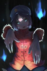 Rule 34 | 1girl, absurdres, blue hair, chinese clothes, dark, fjsmu, green eyes, hat, head tilt, highres, hitodama, jiangshi, looking at viewer, miyako yoshika, ofuda, open mouth, outstretched arms, solo, touhou, upper body, zombie pose