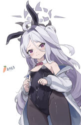 Rule 34 | 1girl, 3:, absurdres, ahoge, alternate costume, animal ears, areola slip, armpits, bare shoulders, black pantyhose, blue archive, bow, bowtie, breasts, broken halo, cleavage, commentary, demon girl, demon horns, detached collar, fake animal ears, grey hair, hair between eyes, halo, highleg, highleg leotard, highres, hina (blue archive), horns, leotard, long hair, looking at viewer, one side up, pantyhose, playboy bunny, purple eyes, rabbit ears, shijiuuuuuuu, simple background, small breasts, solo, strapless, strapless leotard, white background