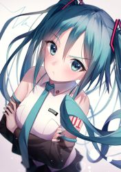 Rule 34 | 1girl, 200f (nifu), angry, aqua eyes, aqua hair, aqua nails, aqua necktie, bare shoulders, black skirt, black sleeves, blurry, blurry background, commentary, crossed arms, depth of field, detached sleeves, floating hair, from above, hair ornament, hatsune miku, highres, light blush, long hair, looking at viewer, nail polish, necktie, pout, shirt, shoulder tattoo, skirt, sleeveless, sleeveless shirt, solo, sound wave, tattoo, twintails, upper body, very long hair, vocaloid, white shirt