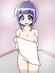 Rule 34 | 10s, 1girl, bath, blue eyes, blue hair, blush, breasts, female pubic hair, highres, large breasts, looking at viewer, matching hair/eyes, naked towel, nipples, nude, open mouth, partially submerged, pubic hair, pussy, see-through, short hair, shoujo kageki revue starlight, solo, standing, towel, tsuyuzaki mahiru, uncensored, water