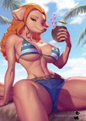 Rule 34 | 1girl, alternate costume, animal ears, animal nose, artist name, bikini, bikini top only, closed mouth, cloud, cloudy sky, coconut cup, commentary, cup, denim, denim shorts, dog ears, dog girl, dog tail, english commentary, furry, highres, holding, holding cup, long hair, midriff, navel, one piece, orange eyes, orange hair, outdoors, pakwan008, patreon username, realistic, shorts, signature, sky, smile, solo, swimsuit, tail, wanda (one piece)