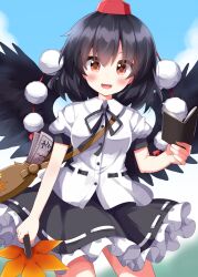 Rule 34 | 1girl, bird wings, black hair, black skirt, black wings, blush, book, buttons, collared shirt, cowboy shot, feathered wings, frilled skirt, frills, hair between eyes, hand fan, hat, hauchiwa, highres, holding, holding book, holding fan, looking at viewer, open mouth, pom pom (clothes), puffy short sleeves, puffy sleeves, red eyes, red hat, ruu (tksymkw), shameimaru aya, shirt, short hair, short sleeves, skirt, smile, solo, tokin hat, touhou, white shirt, wings