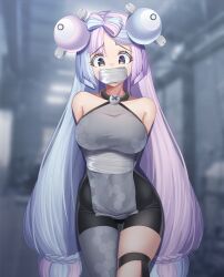 Rule 34 | 1girl, arms behind back, bare shoulders, bike shorts, blue hair, blurry, blurry background, bow-shaped hair, breasts, bt (3212637), character hair ornament, commentary request, creatures (company), eyelashes, gag, gagged, game freak, grey pantyhose, hair ornament, highres, improvised gag, iono (pokemon), large breasts, long hair, medium breasts, multicolored hair, nintendo, pantyhose, pokemon, pokemon sv, purple hair, raised eyebrows, single leg pantyhose, solo, tape, tape gag, thigh strap, twintails, two-tone hair