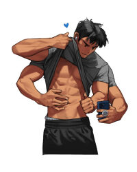 Rule 34 | 1boy, abs, biceps, black hair, black pants, cellphone, clothes lift, cowboy shot, earbuds, earphones, extra arms, grey shirt, heart, holding, holding phone, muscular, muscular male, navel, nipples, original, pants, pectorals, phone, rinotuna, shirt, shirt lift, short hair, short sleeves, simple background, smartphone, solo, white background