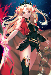 Rule 34 | 1girl, absurdres, black background, blonde hair, breasts, cloak, earrings, ereshkigal (fate), fate/grand order, fate (series), highres, hoop earrings, jewelry, leotard, looking at viewer, medium breasts, nail polish, red cloak, red eyes, red nails, single thighhigh, skull, smile, solo, star (symbol), starry background, sunanogimo, thighhighs, thighs