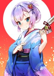 Rule 34 | 1girl, absurdres, arrow (projectile), azur lane, bell, blue kimono, blurry, blush, bow, breasts, closed mouth, commentary request, crown hair ornament, ema, flower, hair bow, hair flower, hair ornament, hairclip, hamaya, harigane shinshi, head tilt, highres, holding, holding arrow, japanese clothes, javelin (azur lane), jingle bell, kimono, long sleeves, looking at viewer, medium breasts, obi, print kimono, purple bow, purple hair, red flower, red ribbon, red rose, ribbon, rose, sash, smile, solo, wide sleeves