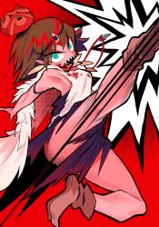 Rule 34 | 1girl, armpits, blood, blood on clothes, blue eyes, brown hair, cape, earrings, eyelashes, facepaint, facial mark, fur cape, gashi-gashi, highres, jewelry, kicking, mask, mononoke hime, motion lines, necklace, open mouth, red background, red theme, san (mononoke hime), sharp teeth, shirt, short hair, solo, teeth, tooth necklace, white shirt