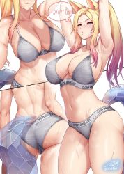 Rule 34 | 1girl, ahri (league of legends), animal ears, armpits, arms up, ass, back, bikini, blonde hair, blush, breasts, cleavage, gonster, grey bikini, highres, hot, k/da (league of legends), large breasts, league of legends, long hair, looking at viewer, multicolored hair, multiple views, parted lips, ponytail, sidelocks, signature, smile, sports bikini, stomach, summer, sweat, swimsuit, tail, thick thighs, thighs, two-tone hair, white background