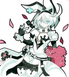 Rule 34 | 1girl, aqua eyes, breasts, cleavage, elphelt valentine, enpe, flower, guilty gear, guilty gear xrd, guilty gear xrd: revelator, headgear, large breasts, rose, simple background, solo, spoilers, white background, white hair