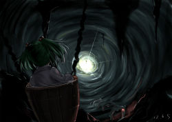 Rule 34 | 1girl, beam, bucket, cave, erinerin99, female focus, from behind, glowing, glowing eye, green hair, hair bobbles, hair ornament, in bucket, in container, kisume, light, long sleeves, perspective, rope, skeleton, solo, stalactite, touhou, twintails, water