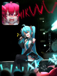 Rule 34 | &gt; &lt;, 2girls, charu (rokushini), closed eyes, collared shirt, concert, detached sleeves, drooling, fan screaming at madison beer (meme), glowstick, hatsune miku, highres, holding, holding microphone, kasane teto, long hair, meme, microphone, mouth drool, multiple girls, music, musical note, necktie, photo background, pink hair, screaming, shirt, singing, sitting, skirt, sleeveless, sleeveless shirt, snot, sweat, thighhighs, twintails, utau, very long hair, vocaloid