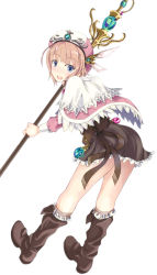 Rule 34 | 1girl, ass, atelier (series), atelier rorona, blue eyes, boots, brown dress, brown hair, dress, female focus, full body, knee boots, legs, nanahara fuyuki, open mouth, rororina fryxell, skirt, solo, staff, white background