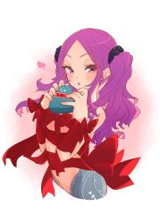 Rule 34 | 1girl, absurdres, bare shoulders, blush, box, fate/grand order, fate (series), heart-shaped box, highres, long hair, looking at viewer, naked ribbon, niwaikanai, purple eyes, purple hair, ribbon, simple background, solo, twintails, white background, wu zetian (fate)
