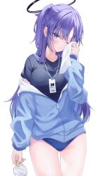 Rule 34 | 1girl, absurdres, black shirt, blue archive, blue buruma, bottle, buruma, commentary, english commentary, gyuu, halo, highres, holding, holding bottle, holding towel, jacket, lanyard, long hair, looking at viewer, off shoulder, official alternate costume, one eye closed, open mouth, ponytail, purple eyes, purple hair, shirt, sidelocks, simple background, solo, standing, towel, white background, wiping sweat, yuuka (blue archive), yuuka (track) (blue archive)