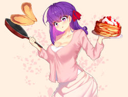Rule 34 | 1girl, blush, breasts, cherry blossoms, cleavage, collarbone, commentary request, dress, fate (series), food, fruit, hair ribbon, highres, holding, holding pan, holding plate, large breasts, long hair, looking at viewer, matou sakura, pancake, plate, purple eyes, purple hair, red ribbon, ribbon, smile, solo, tongue, tongue out, yuruto
