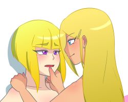 Rule 34 | 2girls, alternate color, alternate hair color, alternate skin color, bangs, blonde hair, blue eyes, blunt bangs, blush, collarbone, completely nude, cropped, dark skin, drop shadow, earrings, eyebrows, eyebrows visible through hair, facing another, facing away, fang, female focus, ganguro, hair ornament, hairclip, hand on another&#039;s chin, hand on another&#039;s face, hand on another&#039;s shoulder, hime cut, jewelry, kirby (series), looking at another, mixsisters, multiple girls, nail polish, nintendo, no hat, no headwear, nude, open mouth, parted lips, purple eyes, shadow, simple background, smirk, susie (kirby), white background, yuri, zan partizanne