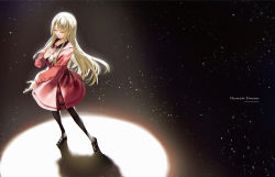 Rule 34 | 1girl, absurdres, assault lily, belt, black background, black footwear, black pantyhose, blonde hair, character name, closed eyes, collarbone, hand on own chest, hands up, highres, jewelry, kanba girls high school uniform, light particles, loafers, long hair, long sleeves, miniskirt, miyagawa takane, necktie, orihi chihiro, outstretched arm, pantyhose, parted lips, red belt, red sailor collar, red shirt, red skirt, ring, sailor collar, school uniform, serafuku, shadow, shirt, shoes, short necktie, sidelocks, skirt, solo, song name, spotlight, standing, very long hair, white necktie