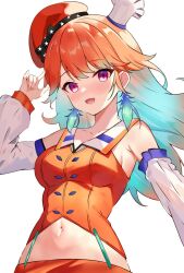 Rule 34 | 1girl, bare shoulders, blush, breasts, chef hat, collarbone, detached sleeves, earrings, feather earrings, feathers, gradient hair, green hair, hat, highres, hololive, hololive english, jewelry, long hair, looking at viewer, medium breasts, multicolored hair, navel, open mouth, orange hair, purple eyes, ra midora, smile, solo, takanashi kiara, takanashi kiara (1st costume), virtual youtuber, white background
