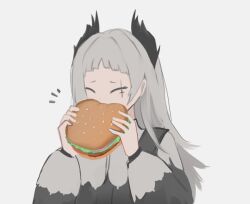 Rule 34 | 1girl, arknights, burger, eating, food, food on face, forehead, grey hair, head wings, holding, holding food, irene (arknights), jewelry, long hair, long sleeves, pov, scar, scar across eye, scar on face, wawamachi (wawamachis), wide-eyed, wings