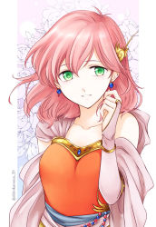 Rule 34 | 1girl, breasts, bridal gauntlets, dress, earrings, final fantasy, final fantasy v, green eyes, hair ornament, highres, jewelry, lenna charlotte tycoon, looking at viewer, pink hair, shirokuroma 29, short hair, smile, solo, twitter username
