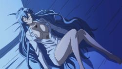 Rule 34 | 10s, 1girl, akame ga kill!, blue hair, breasts, cleavage, dress shirt, esdeath, closed eyes, large breasts, legs, long hair, long sleeves, lying, no bra, on back, shirt, sleeping, smile, stitched, tattoo, thighs, third-party edit