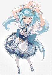 Rule 34 | 1girl, apron, arms up, blue dress, blue hair, commentary request, dress, faruzan (cafe) (genshin impact), faruzan (genshin impact), frilled dress, frills, green eyes, grey background, hair ornament, heart, heart hands, highres, long hair, maid headdress, mochimiya (coyo), official alternate costume, one eye closed, open mouth, pantyhose, puffy short sleeves, puffy sleeves, shoes, short sleeves, simple background, solo, symbol-shaped pupils, triangle-shaped pupils, white pantyhose, wrist cuffs, x hair ornament