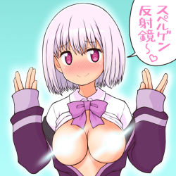 Rule 34 | 10s, 1girl, blue background, blush, bow, breasts, breasts out, censored, censored nipples, convenient censoring, full-face blush, glowing, gridman universe, looking at viewer, medium breasts, no bra, pink bow, pink eyes, pink hair, shinjou akane, short hair, simple background, smile, solo, ssss.gridman, translation request, upper body, yuuki akira