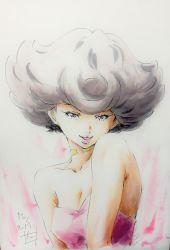 Rule 34 | 1girl, angela carpenter, bare arms, bare shoulders, black hair, carole &amp; tuesday, choker, cleavage cutout, clothing cutout, collarbone, color ink (medium), commentary, dark-skinned female, dark skin, dated, female focus, highres, lips, lipstick, looking at viewer, makeup, nii manabu, open mouth, pink lips, pink tubetop, portrait, purple eyes, short hair, smile, solo, strapless, tube top, upper body