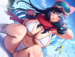 Rule 34 | 1girl, bikini, blue hair, blush, breasts, cameltoe, cleavage, cleft of venus, commentary request, eyewear on head, gloves, goggles, green eyes, hand in own hair, holding ski pole, large breasts, long hair, looking at viewer, navel, original, outdoors, parted lips, purple gloves, purple headwear, red scarf, sasachin (k+w), scarf, sideboob, sitting, ski boots, ski gear, ski goggles, ski lift, ski pole, skindentation, smile, snow, solo, swimsuit, thighs, underboob, white bikini, white footwear