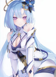 Rule 34 | 1girl, absurdres, aged up, bare shoulders, blue hair, blush, breasts, cleavage, cleavage cutout, closed mouth, clothing cutout, commentary, crescent, detached sleeves, dress, earrings, flower, griseo, griseo (cosmic expression), hair flower, hair ornament, halo, highres, honkai (series), honkai impact 3rd, jewelry, large breasts, long hair, long sleeves, looking at viewer, low twintails, purple eyes, simple background, smile, solo, twintails, ura (hamburg oniku), very long hair, white background, white dress