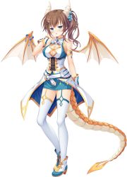 Rule 34 | 1girl, :o, absurdres, armlet, ascot, blue eyes, breasts, brooch, brown hair, cleavage cutout, clothing cutout, coattails, dragon girl, dragon horns, dragon tail, dragon wings, drapri guu-ta-life, full body, garter straps, hair ornament, hairclip, highres, horns, ichinose suzuka, jewelry, large breasts, long hair, official art, open mouth, solo, tail, takano yuki (allegro mistic), thighhighs, transparent background, white thighhighs, wings, wrist cuffs