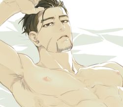 Rule 34 | 1boy, abs, armpit hair, armpits, black eyes, black hair, closed mouth, facial hair, scar on face, goatee, golden kamuy, hair strand, hand in own hair, isa (peien516), looking at viewer, male focus, nipples, ogata hyakunosuke, pectorals, scar, scar on cheek, scar on face, topless male, short hair, simple background, solo, upper body
