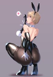 Rule 34 | 1boy, 5masio, animal ears, black footwear, blonde hair, boots, detached collar, dildo, elbow gloves, fake animal ears, fake tail, fellatio, gloves, high heel boots, high heels, highleg, highleg leotard, highres, holding, holding sex toy, leotard, licking, licking dildo, male playboy bunny, oral, original, pantyhose, playboy bunny, rabbit ears, sex toy, simulated fellatio, strapless, strapless leotard, tail, thigh boots, thighhighs, trap