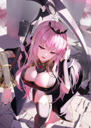 Rule 34 | 1girl, absurdres, bent over, black dress, blunt bangs, bracer, breasts, cape, cleavage, dress, highres, holding, holding scythe, hololive, hololive english, large breasts, mori calliope, open mouth, pink eyes, scottie (phantom2), scythe, see-through, see-through sleeves, single sleeve, single thighhigh, solo, spikes, thighhighs, tiara, virtual youtuber
