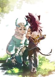 Rule 34 | 2boys, aki963852, animal ears, black hair, fengxi (the legend of luoxiaohei), flower, from behind, full body, grass, highres, horns, long hair, long sleeves, multiple boys, parted lips, pointy ears, rope, striped, tail, luo xiaohei zhanji, vertical stripes, white flower, white hair, wide sleeves, xuhuai (the legend of luoxiaohei), aged down