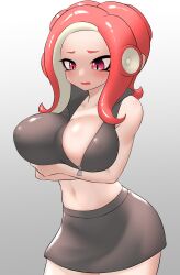 Rule 34 | 1girl, absurdres, arms under breasts, black skirt, blush, breasts, cleavage, crop top, embarrassed, female focus, highres, large breasts, medium hair, navel, nintendo, octoling, octoling girl, octoling player character, open mouth, pero (pero7762), pink eyes, red hair, shiny clothes, shiny skin, skirt, sleeveless, solo, splatoon (series), standing, suction cups, sweatdrop, tentacle hair, unzipped, zipper pull tab