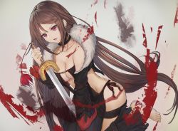 Rule 34 | 1girl, barefoot, black choker, black dress, black sleeves, blood, breasts, choker, cleavage, collarbone, commentary request, detached sleeves, dress, earrings, fate/grand order, fate (series), fur trim, grey background, holding, holding sword, holding weapon, jewelry, long hair, medium breasts, multiple earrings, open mouth, purple eyes, revealing clothes, solo, suiete, sword, very long hair, weapon, yu mei-ren (fate)