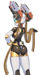 Rule 34 | 1girl, ammunition belt, aqua eyes, ass, bald, bald girl, black skin, breasts, bullet, colored skin, dual wielding, from behind, grey skin, gun, hand on own hip, holding, humanoid robot, joints, looking back, medium breasts, metal skin, multicolored skin, nisetanaka, original, robot, robot girl, robot joints, sideboob, solo, standing, thigh gap, third eye, twintails, two-tone skin, weapon, white background