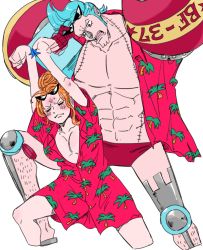 Rule 34 | 1boy, 1girl, arms up, blue hair, blush, breasts, cleavage, clenched hands, closed eyes, closed mouth, cosplay, cyborg, eyewear on head, franky (one piece), franky (one piece) (cosplay), hair bun, hawaiian shirt, highres, looking down, medium breasts, mike (tomatomato244), nami (one piece), one piece, open clothes, open shirt, orange hair, oversized clothes, oversized shirt, pout, scar, shirt, sunglasses, underwear